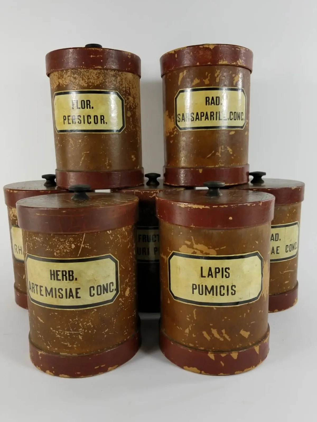 Antique, Labeled set of Wooden apothecary containers