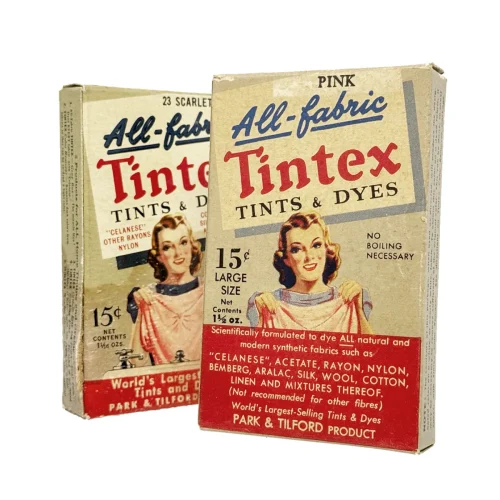 Lot of Two Vintage Tintex All-Fabric Tints & Dyes Old Store Stock Pink and Scarlet Red