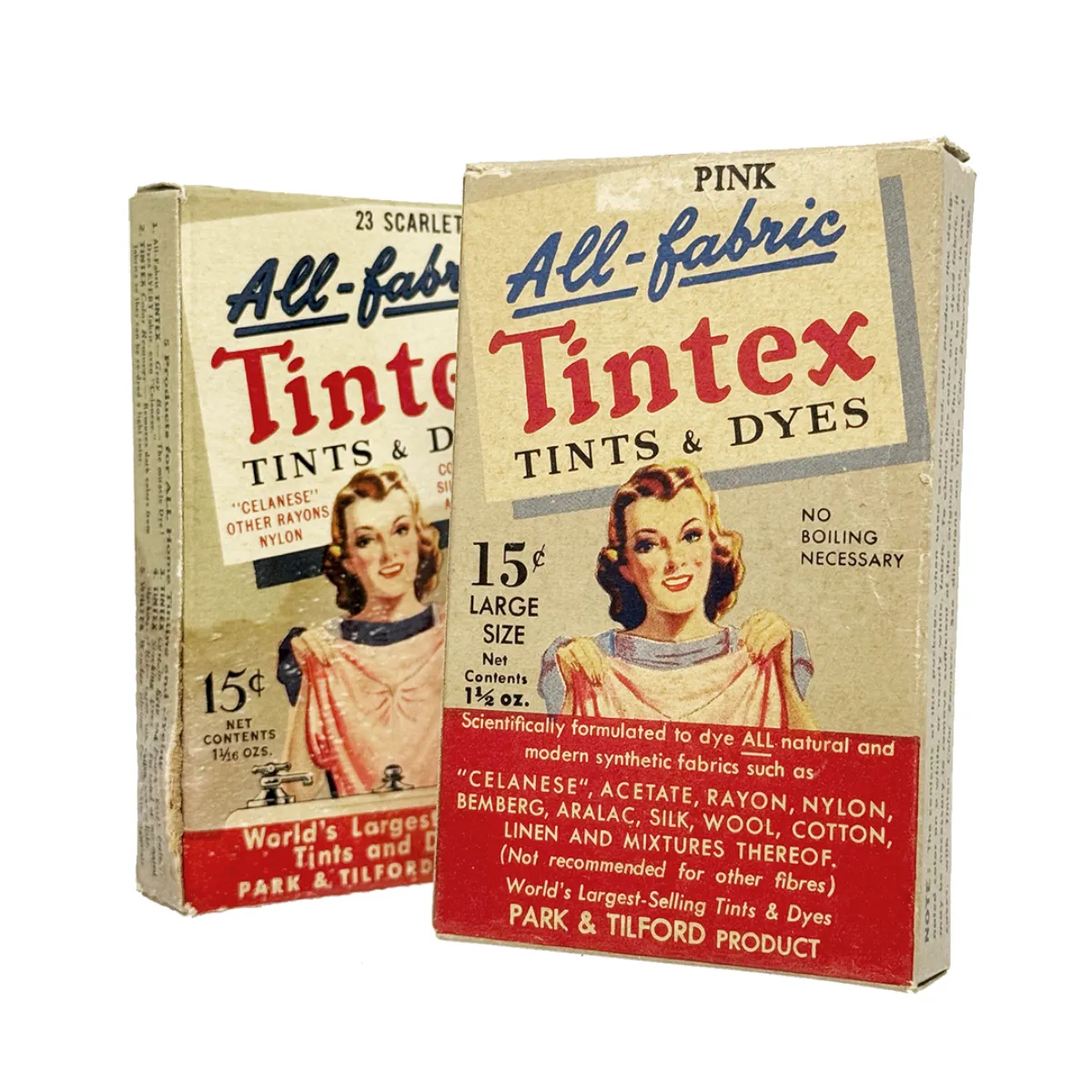 MS2061 Lot of Two Vintage Tintex All-Fabric Tints & Dyes Old Store Stock Pink and Scarlet Red