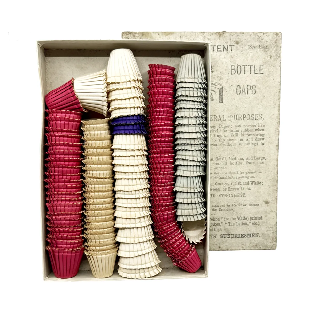 MS2432 Rare Old-Store-Stock Druggist Apothecary Box Pleated Paper Bottle Caps