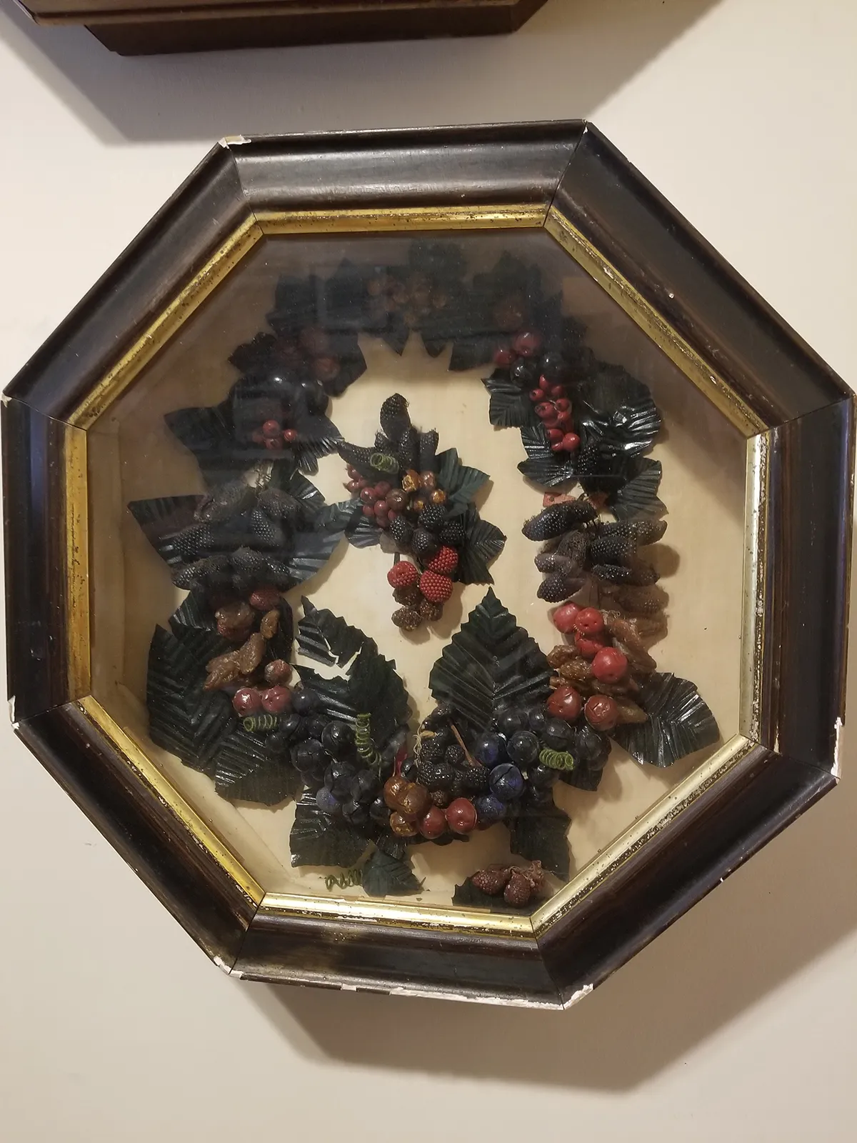 OC039-A Early 19th Century Octagonal Shadow Box Wax Fruit Art
