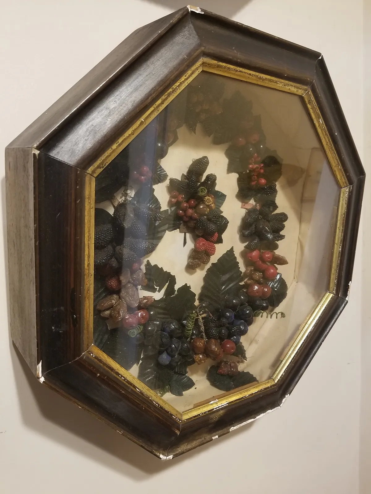 OC039-C Early 19th Century Octagonal Shadow Box Wax Fruit Art