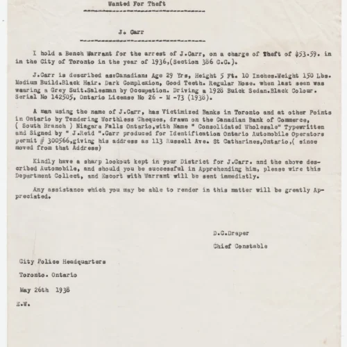 1938 Toronto Notice of Bench Warrant For Theft