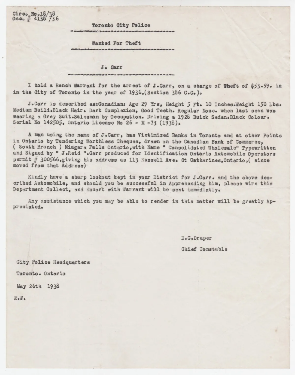 1938 Toronto Notice of Bench Warrant For Theft