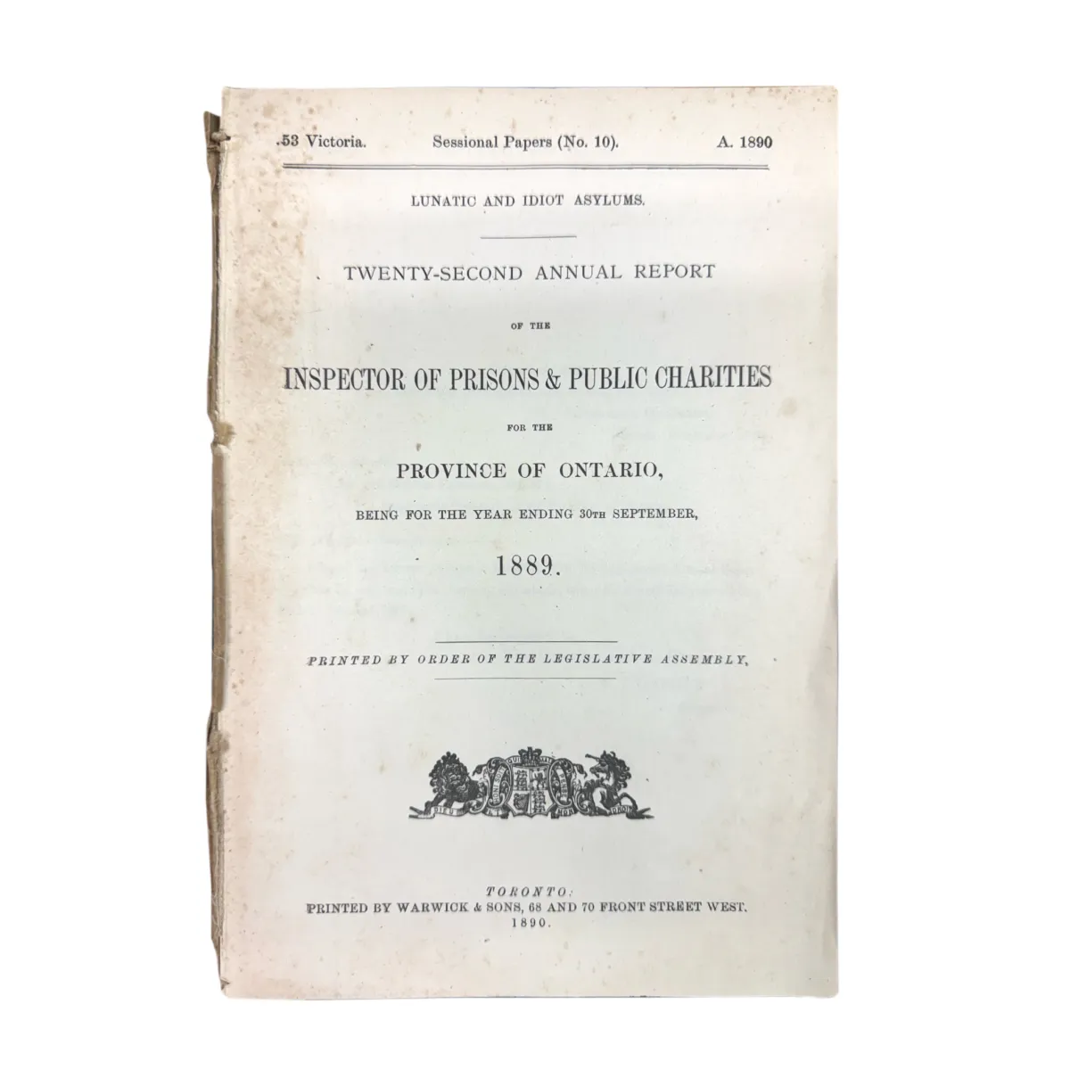 1889 Ontario Government Report Inspector of Prisons and Public Charities