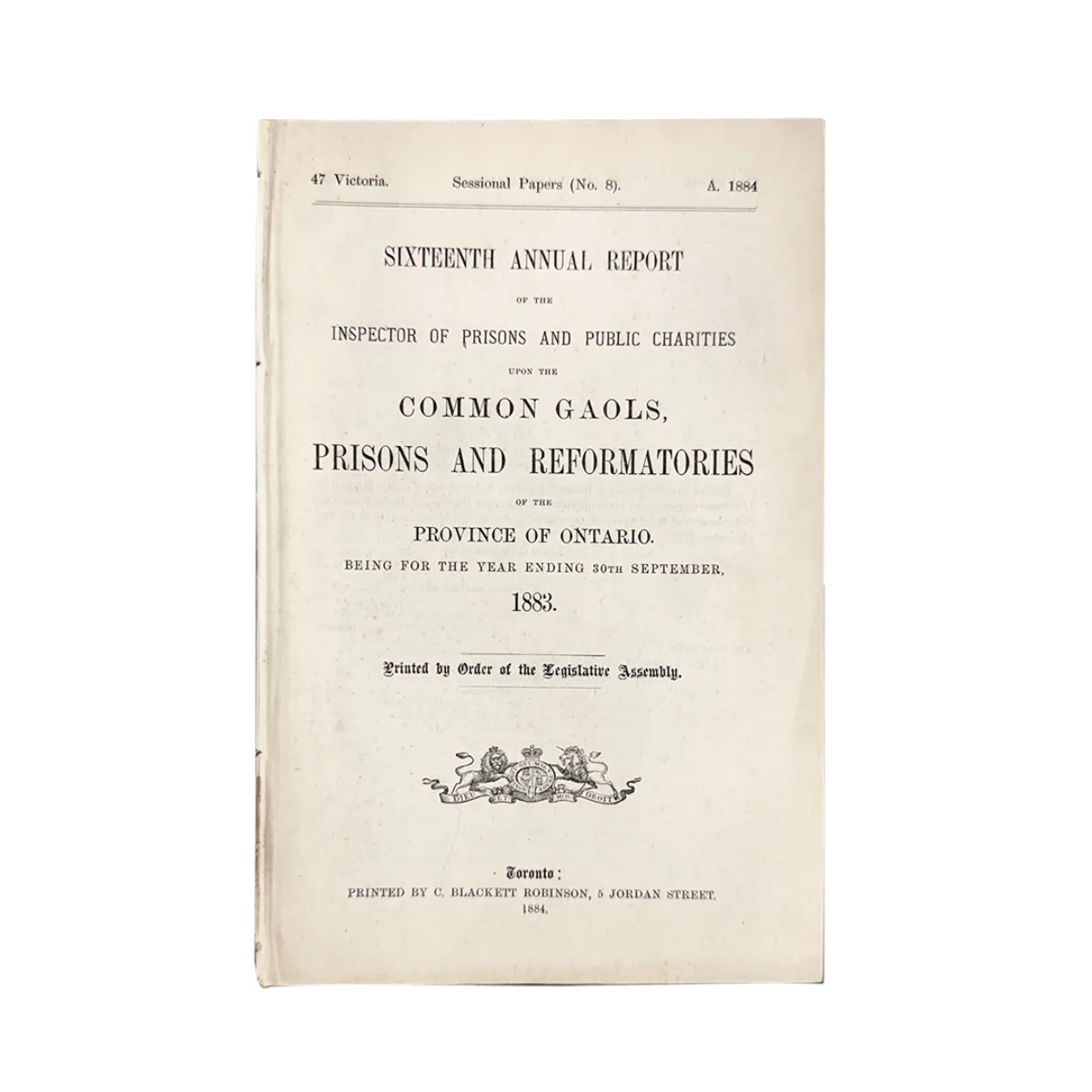 1883 Ontario Government Report Common Gaols, Prisons and Reformatories