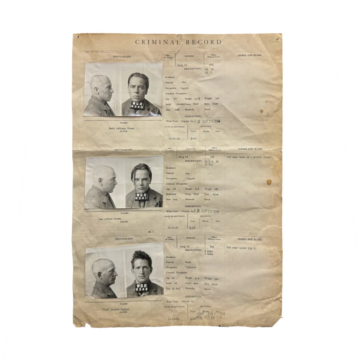 1930s Criminal Record Double Sided Criminal Mugshot Records
