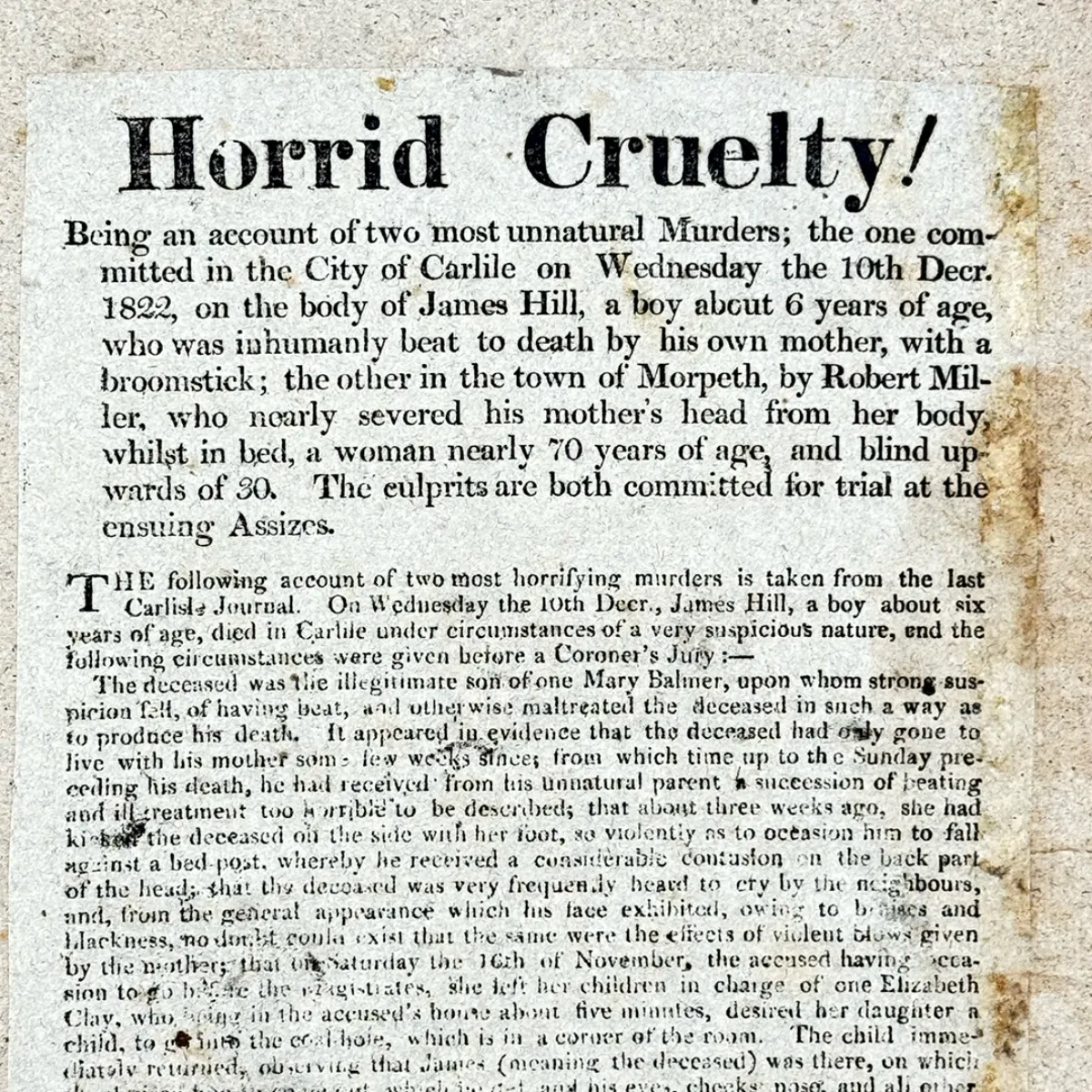 TC0192 1822 Broadside Horrid Cruelty An Account of Most Unnatural Murders Trial