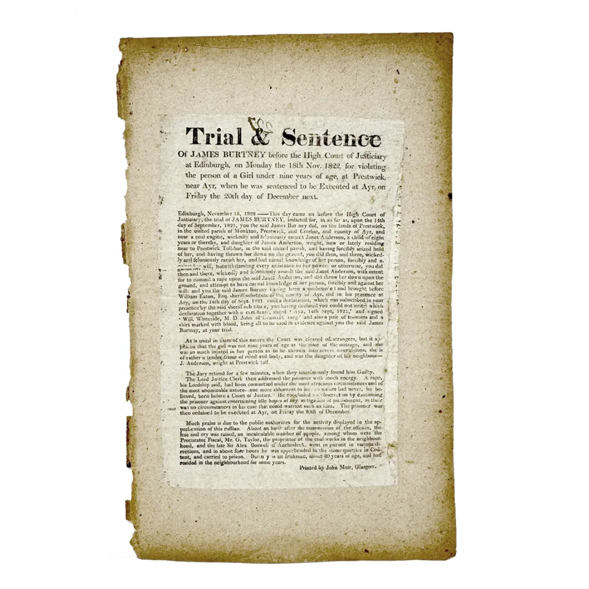 1822 Broadside Trial & Sentence of Execution for Violating a Young Girl