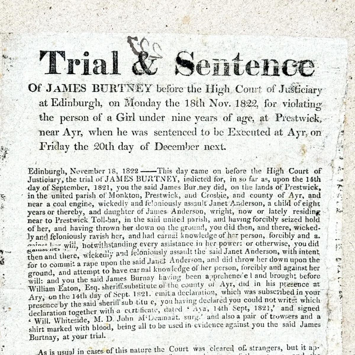 1822 Broadside Trial & Sentence of Execution for Violating a Young Girl