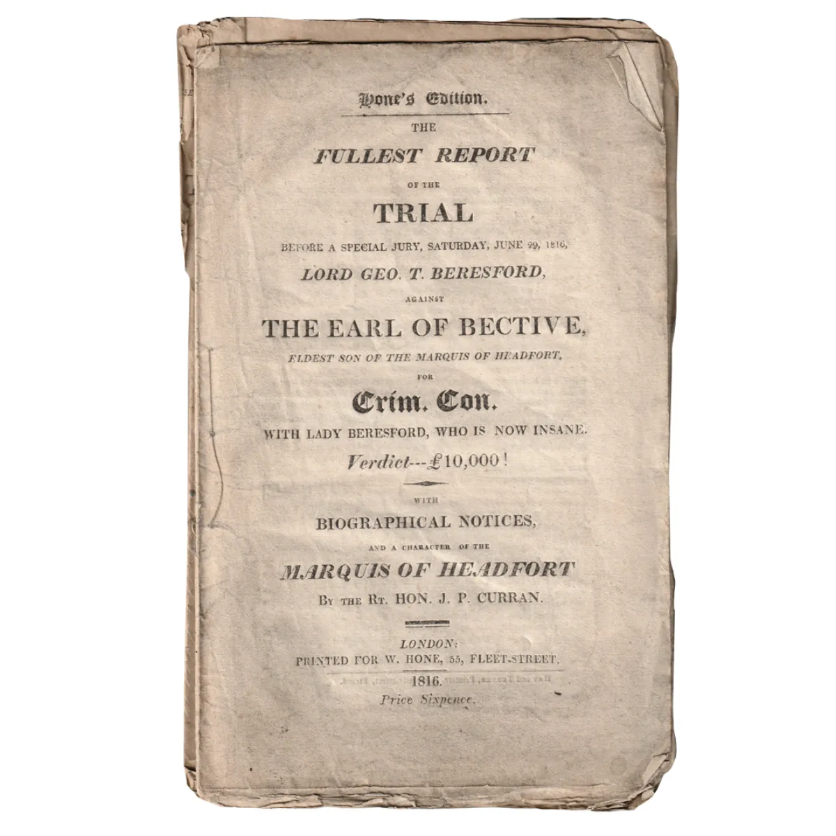 TC0441 Rare 1816 Trial Report Against the Earl of Bective for for CRIMINAL CONVERSATION Adultery
