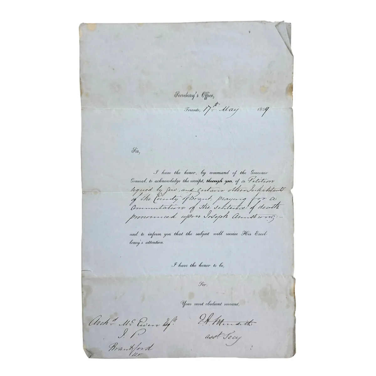 1859 Petition Commutation of Death Sentence Brantford Canada West