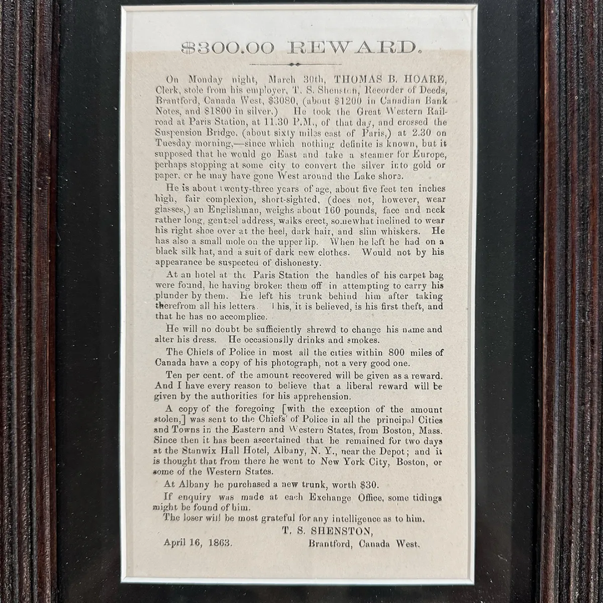 1863 0 Reward Wanted Poster Brantford Canada West