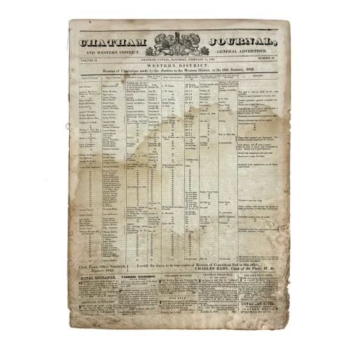 1843 Chatham (Canada) Journal Newspaper List of Criminal Convictions