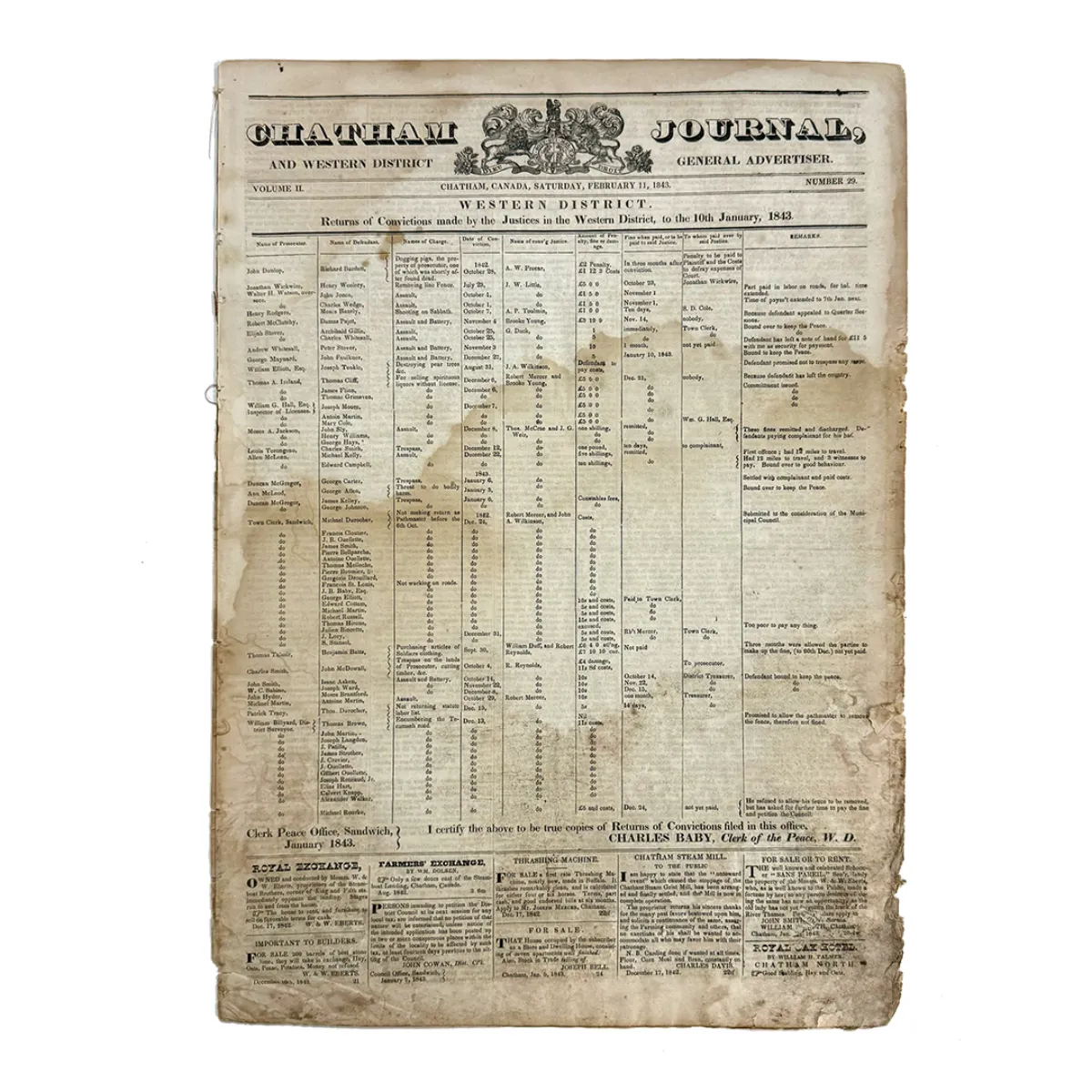 1843 Chatham (Canada) Journal Newspaper List of Criminal Convictions