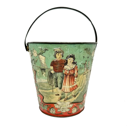 VVT0031 Beautiful Antique Victorian Seaside Sand Pail Lithograph Tin Bucket