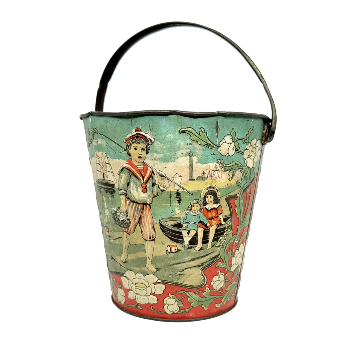 VVT0032 Beautiful Antique Victorian Seaside Sand Pail Lithograph Tin Bucket