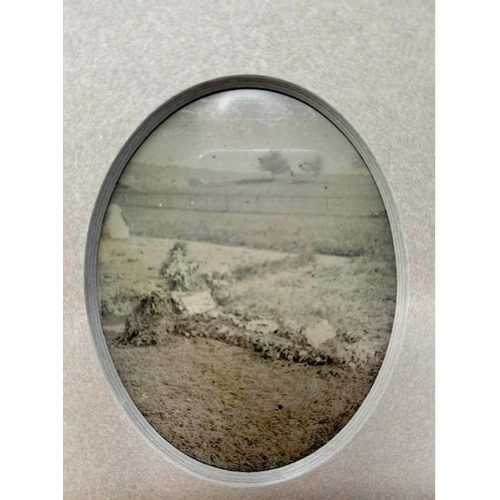 FR001 — Ambrotype Stereoview Salesman Sample, Graveside Floral Funeral Arrangements Circa 1850s glass ambrotype stereoview showing a graveside floral funeral arrangement, mounted in archival boards