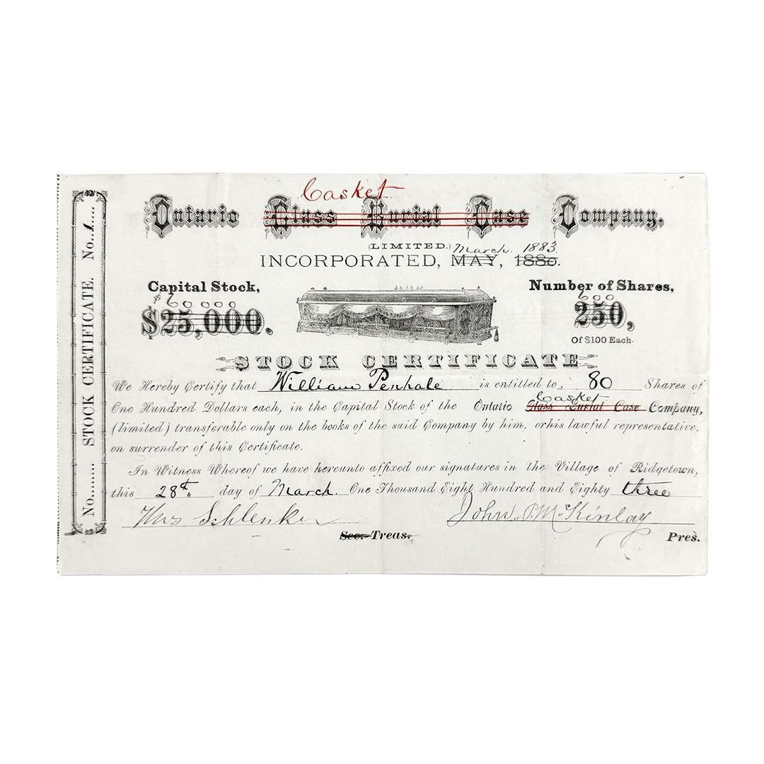 FR005 — 1883 Ontario Casket Company Stock Certificate Illustrated 1883 stock certificate for the Ontario Glass Burial Case Company, amended to Ontario Casket Company, with ornate casket engraving