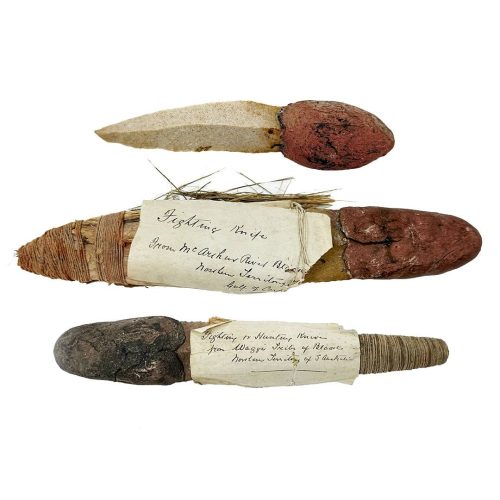IP001 — Aboriginal Leilira Stone Bladed Knives Leilira Aboriginal stone bladed knives with Spinifex resin, clay and wood handles and grass sheath, Northern Territory, Australia
