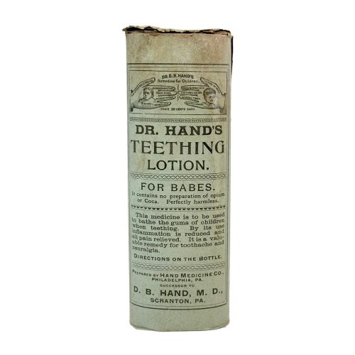 MS011 — 19th Century Unopened Bottle, Dr. Hand's Quack Cure Medicine Unopened circa 1870s bottle of Dr. Hand's Teething Lotion For Children with original paper wrap label